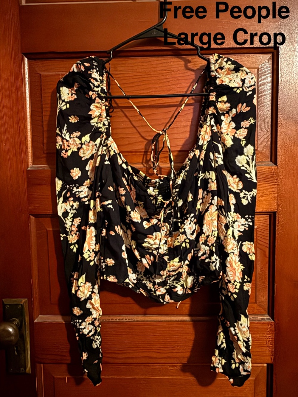Free People Black Floral Ruched Tie-Back Crop Top